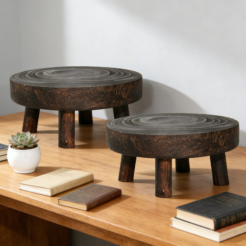 Tabourets de jardin en bois massif (paquet de 2) - Mini présentoir rond de 8 pouces pour plantes d'intérieur en pot, bonsaï et décoration intérieure