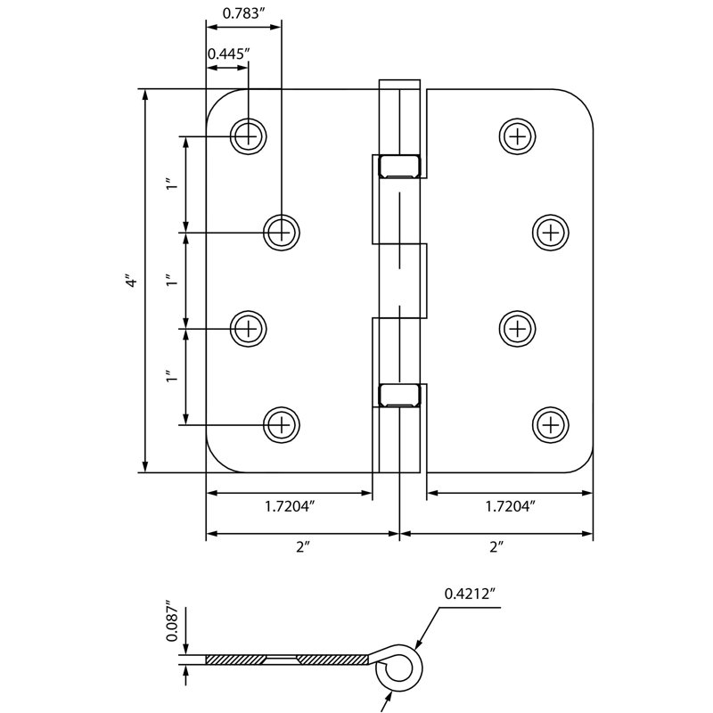 Charnières de porte à roulement à billes 4 po, angle de rayon de 1/4 po, Laiton poli