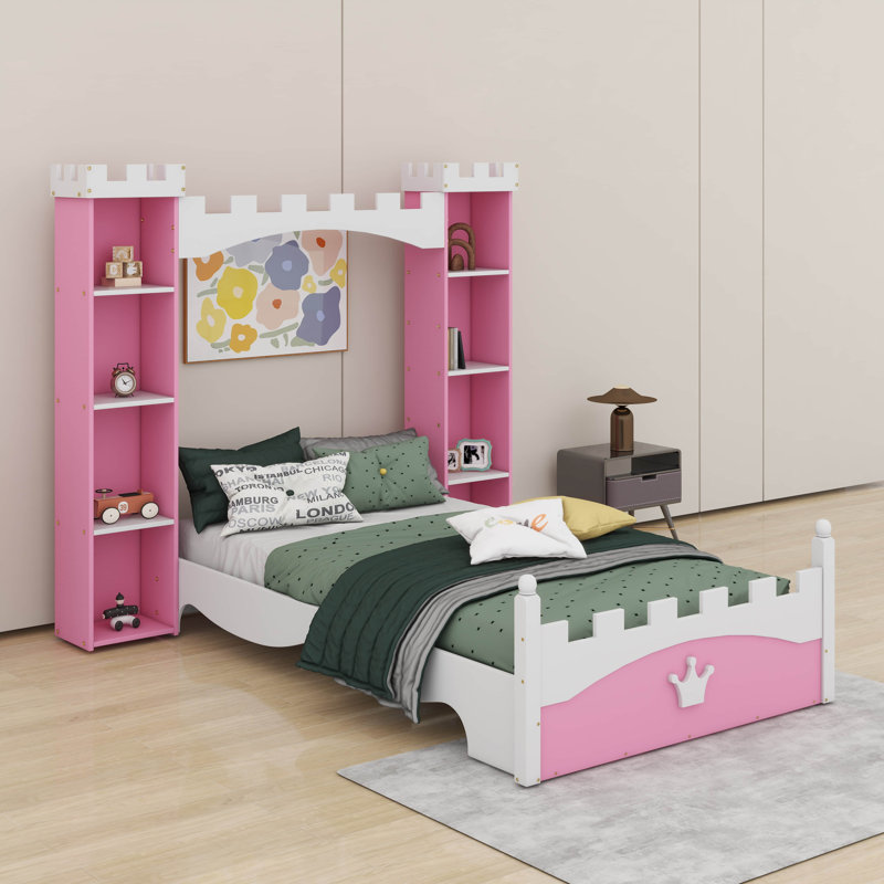 Lit simple en bois en forme de château avec tablette, Rose/Blanc