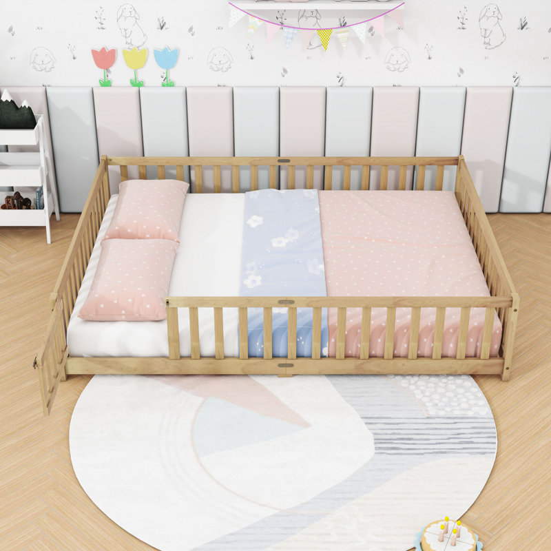 Queen Size Floor Bed With Rails And Door, Natural