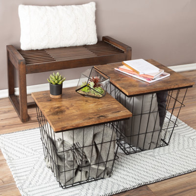 End Table with Storage – 2 Piece Nesting Tables – Square Wire Basket Base and Wood Tops – Industrial Farmhouse Style Side Table