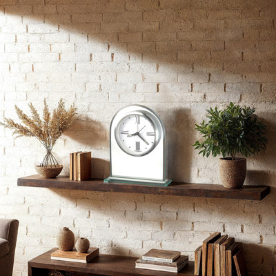 Regent Modern & Contemporary Tabletop Clock, Beveled Glass Arch on Glass Base, Roman Numeral Dial, Quartz Alarm Movement