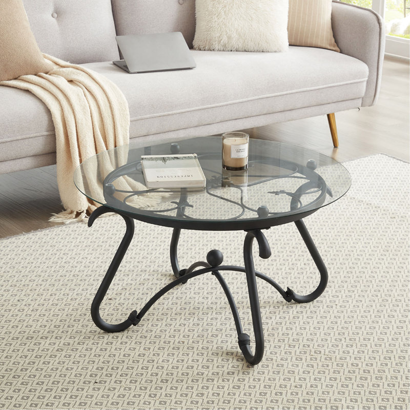 Ensemble de 2 tables basses de surface en verre trempé, table d'appoint ronde décorative avec construction robuste pour le salon (noir rustique)