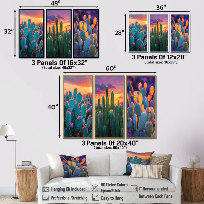 Jardin de cactus au coucher du soleil au Mexique I - ensemble de 3 art mural floral cactus, H 40 po x l 60 po, Doré