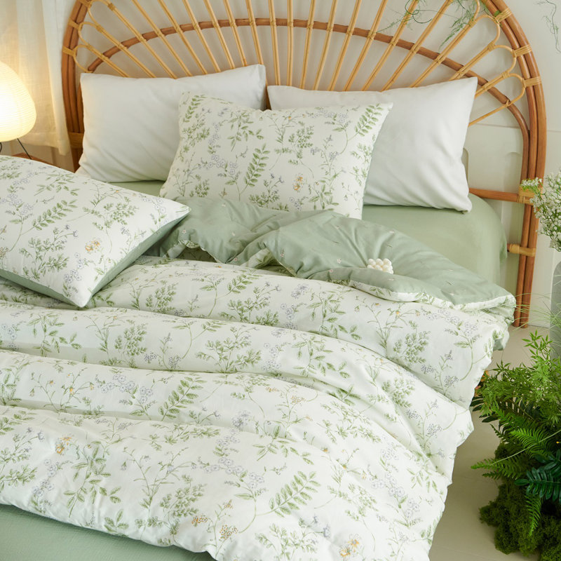 Floral Comforter Set Printed Green Plants On White Comforter Soft Lightweight Cute Bedding Set For All Seasons