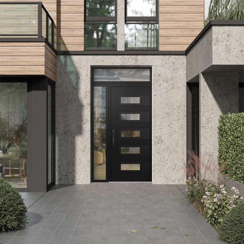 D3 Droite 52 po. X 96 po. Panneau noir acier noir et verre transparent noir avec porte d'entrée avant en verre Sidelite et traverse transparente
