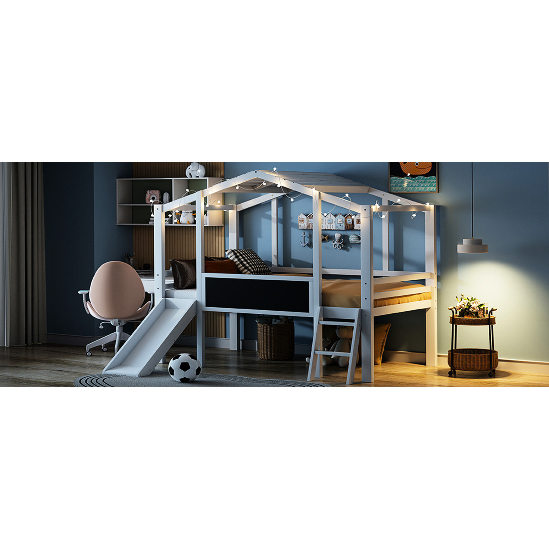 Latitude Run® White Twin Loft Bed With Slide And - House-Shaped ...