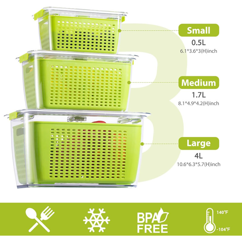 Dionta 3 PCS Fruit Containers for Fridge, Leakproof Food Storage Containers with Removable Colander, Green