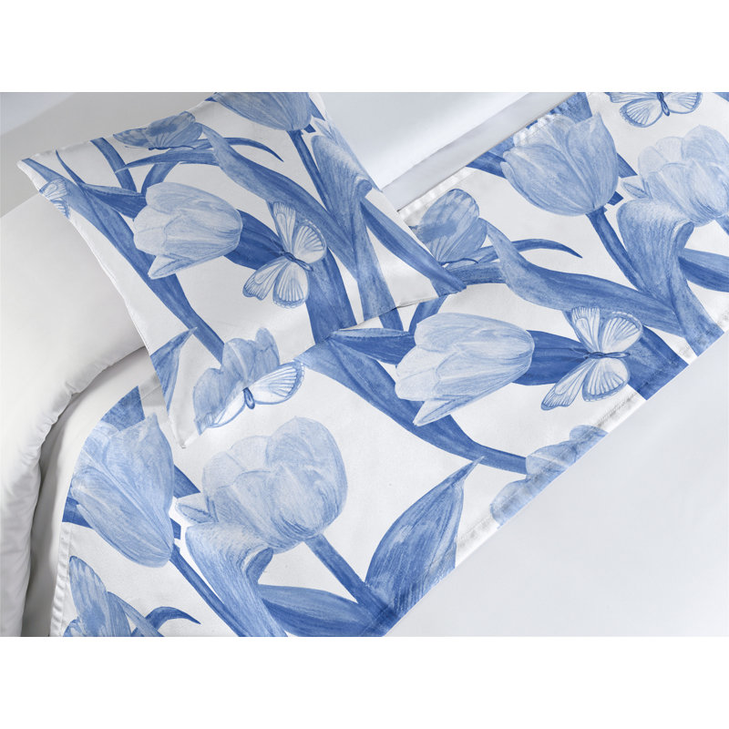 Ambesonne Spring Bed Runner Set Tulips Butterflies Pattern Blue and Pale Grey, Twin