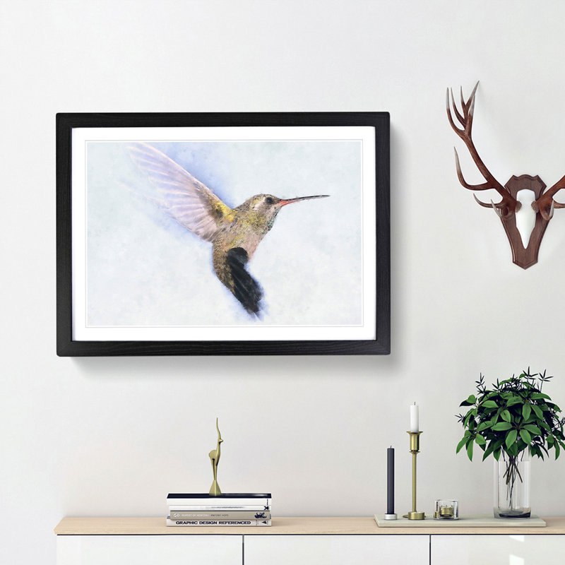 Flying Hummingbird Bird - Picture Frame Graphic Art Print, 62cm H x 87cm W x 2cm D, Black Framed