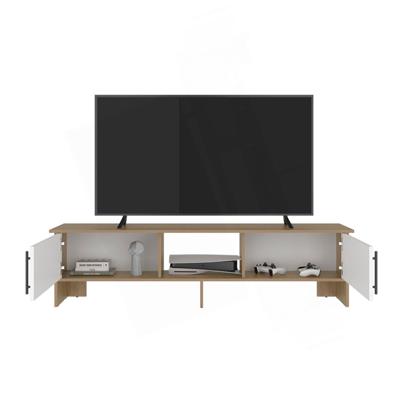 Meuble télé 65 po - Console télé moderne avec tablettes de rangement ouvertes, Beige