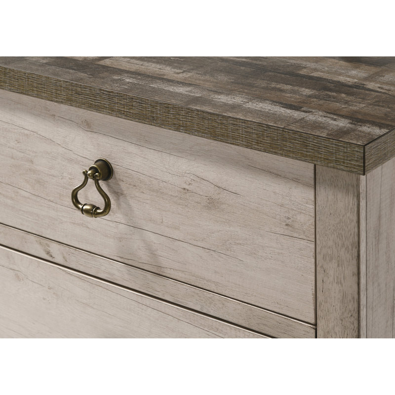 Table de chevet 1 pièce, 2 tiroirs, finition brune patinée, style contemporain, poignée traditionnelle à anneau, plateau en bois flotté vieilli, H 23,6 po x 16 po x 25 po