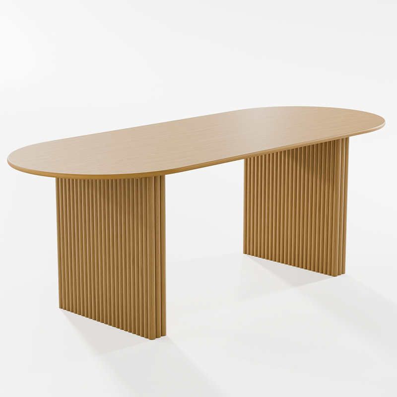 79" Solid Wood Oval Dining Table Set With 8 Fabirc Upholstered Dining Chairs Modern Double Pedestal Dining Set For Seats 8