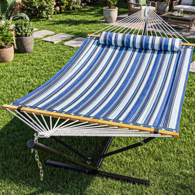 2-Person Quilted Polyester Spreader Bar Hammock with Heavy-Duty Steel Stand, 500 lbs Capacity, Freestanding No-Tools Setup, Weather-Resistant for Patio, Backyard & Indoor Use - Blue