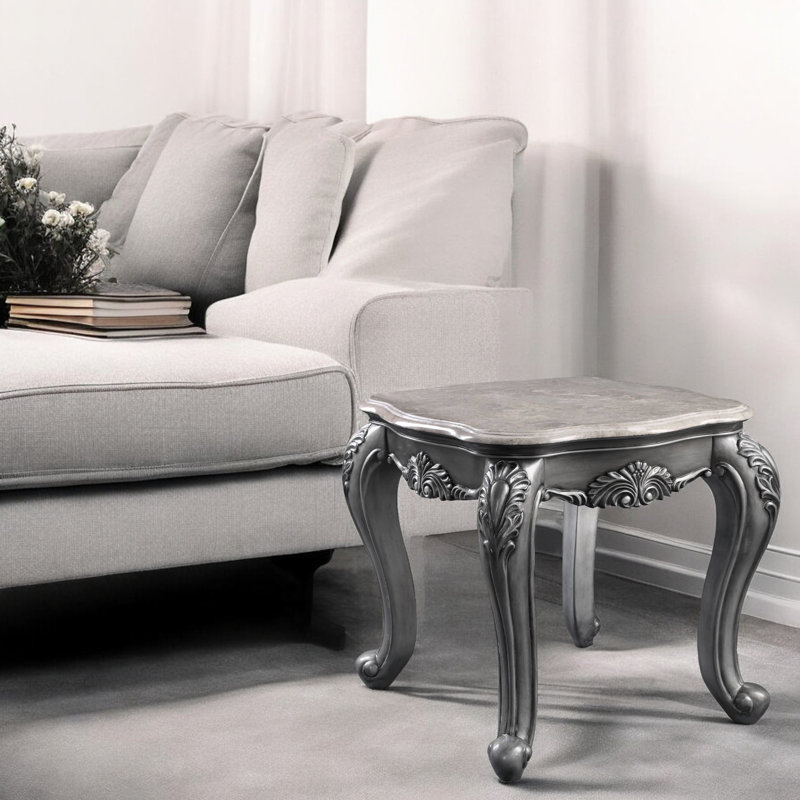 Handson Transitional Rectangular End Table with Natural Marble Top in Platinum