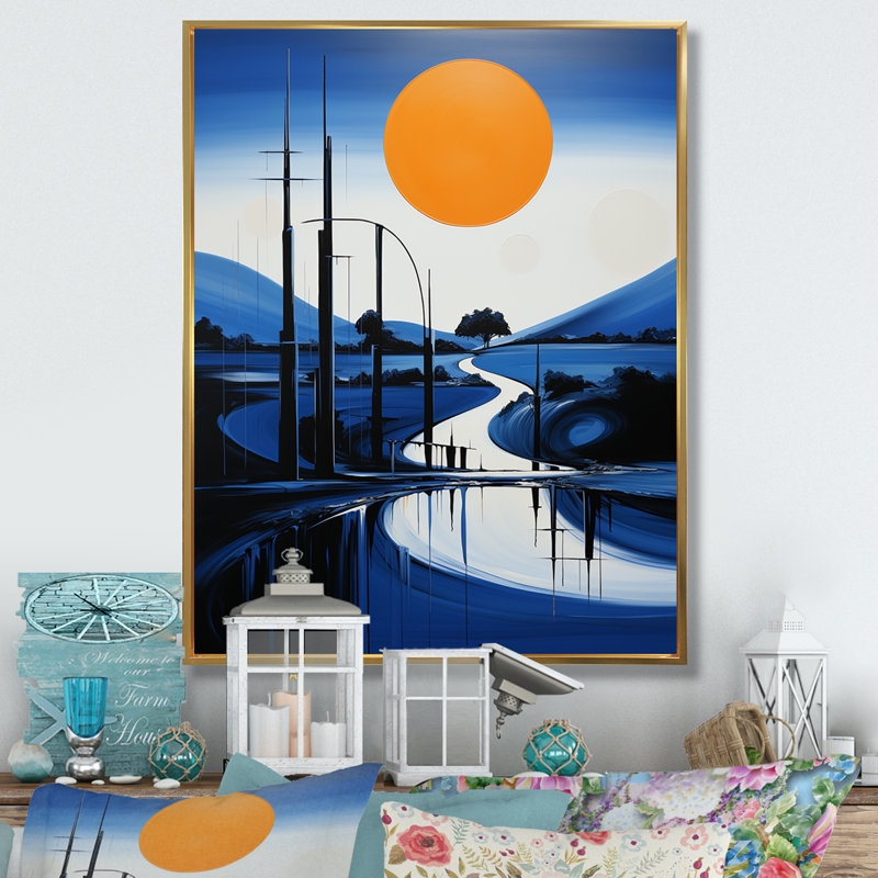 «Hindrik Blue Modern Bridge Scenery III», reproduction, H 20 po x l 12 po x P 1 po, Cadre flottant doré