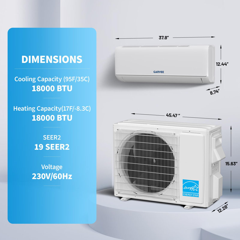 Mini pompe à chaleur et climatisation 18 000 BTU, 19 SEER2 WiFi activé, onduleur sans conduit 208 / 230V, fonctionne avec Alexa, refroidit et chauffe 1250 pieds carrés Pi.