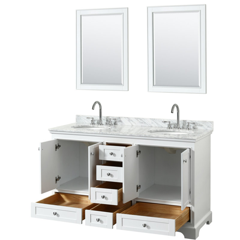 Ensemble de meuble-lavabo double 60 "avec miroir Deborah, Blanc, Chrome poli