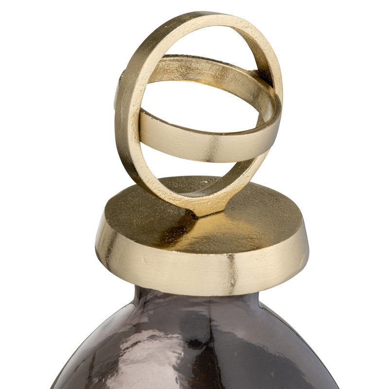 Decorative Glass and Metal Jar with Aluminum Sculptural Lid and Modern Glam Design, 20" H x 6" W x 6" D