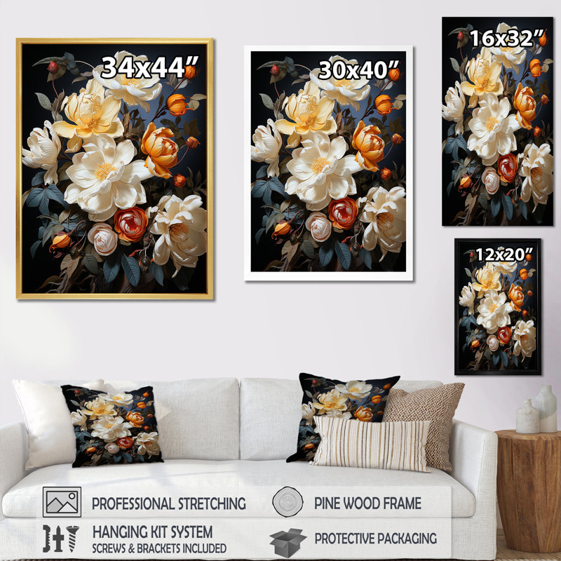 Magnolias jaune doré majestueux sur toile, Cadre flottant noir, H 32 po x l 24 po x P 1 po