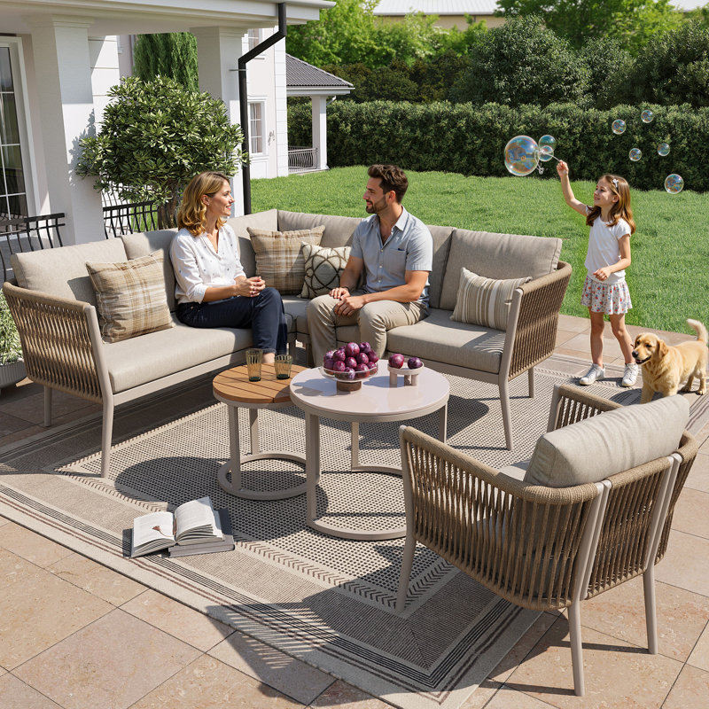 6 - Person Rope Garden Lounge Set Modular Sofa Set With Table, Beige