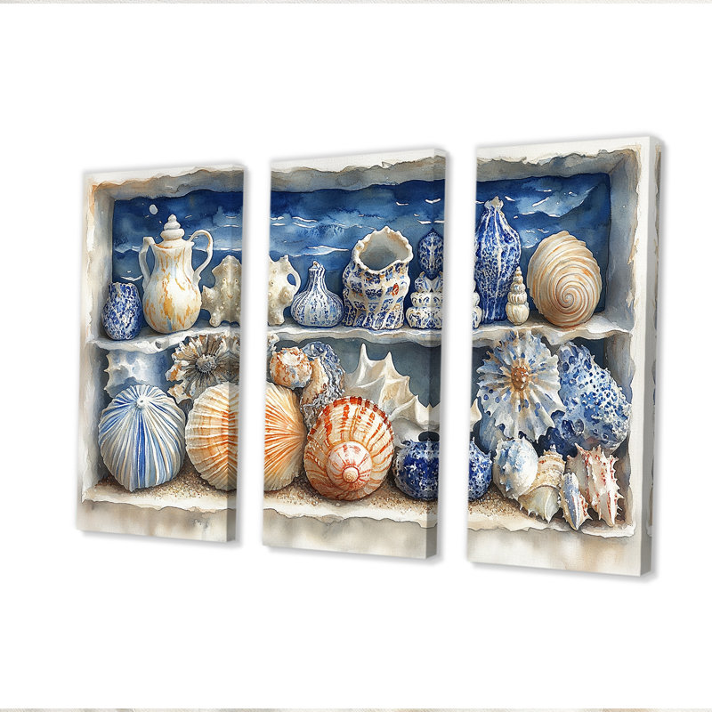 Plage, poterie en tons de bleu et blanc, ensemble d'art mural, Toile tendue, H 28 po x l 36 po x P 1 po