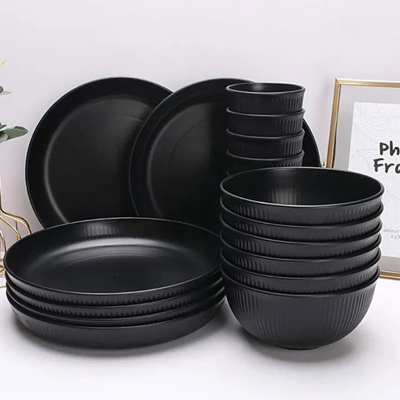 Dinnerware Set Dinner Plates Cups and Bowls Set for 6 (18pcs), Black