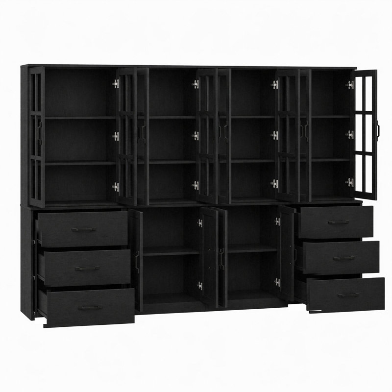 Bibliothèque 71 po x l 94,4 po avec portes en verre et grands tiroirs de rangement (2C + 2D), Noir