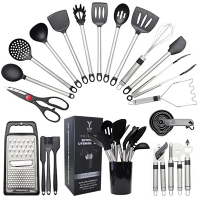 Ensemble d'ustensiles de cuisine en silicone de 33 pièces, résistants à la chaleur et de qualité alimentaire, avec manches en acier inoxydable. Sans BPA. Accessoires de cuisine avec support inclus. Compatible avec les ustensiles antiadhésifs.