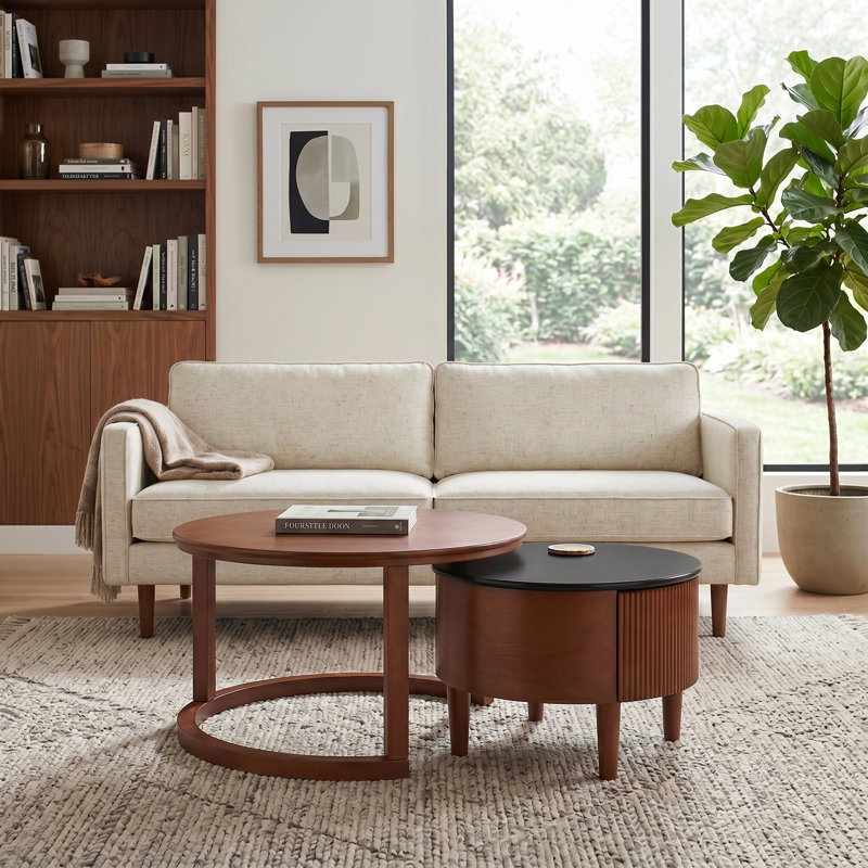 31.5'' Vintage Round Nesting Coffee Table Fluted with Drawer in Black & Walnut ｜Space Saving ｜Solid Smooth Surface