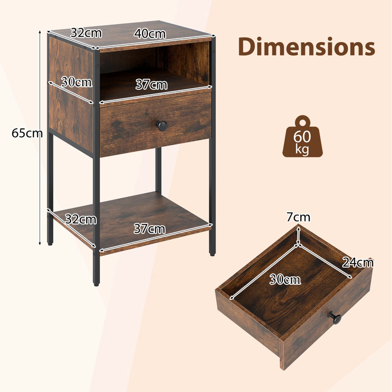 40cm W Metal Bedside Table