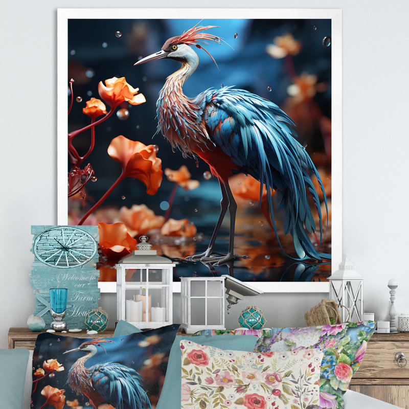 «Watery Blues Heron - Bird Wall Art Living Room», H 36 po x l 36 po x P 1,5 po, Cadre simple blanc