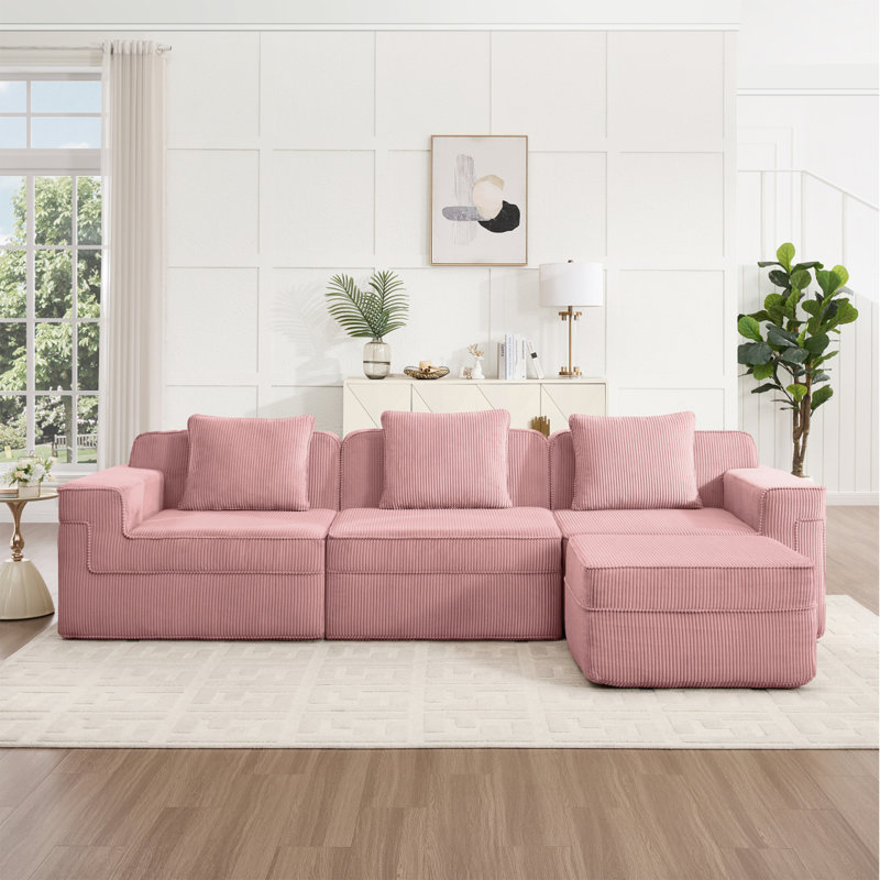 Canapé modulaire modulaire en L à 3 places sans os, canapé modulaire Cloud avec assise profonde, canapé modulaire moderne à 3 places avec coussins décoratifs et 1 repose-pieds mobile, tissu velours côtelé rose