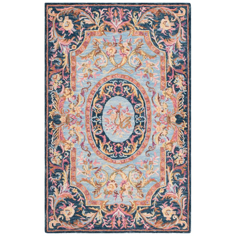 Savonnerie Hand Tufted Wool/Cotton Oriental Rug in Yellow/Orange/Blue, Rectangle 8" x 10"