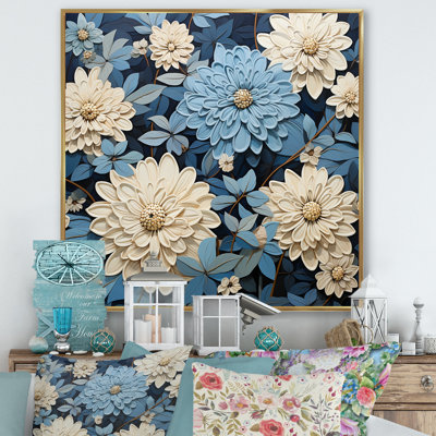«White and Blue Zinnias Bounty II», reproduction sur toile encadrée