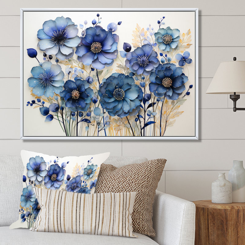 Bleu charmant bleuet Pointillism I - Art mural bleuets, Cadre flottant blanc, H 34 po x l 44 po x P 1,5 po