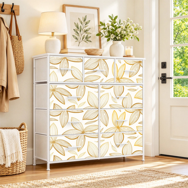 Commode avec 9 tiroirs en tissu, commode haute pour chambre à coucher, commode à grandes tiroirs pour le salon, Blanc