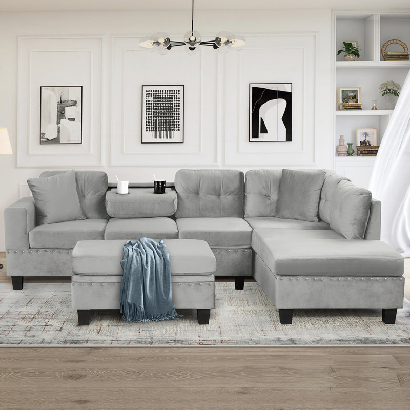 Canapé modulaire moderne avec repose-pieds avec rangement 2 coussins et porte-gobelets pour le salon, Gris