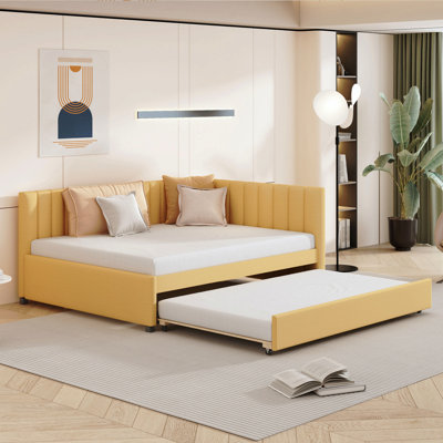 Full Size Upholstered Daybed With Trundle Sofa Bed Frame No Box Spring Needed, Linen Fabric