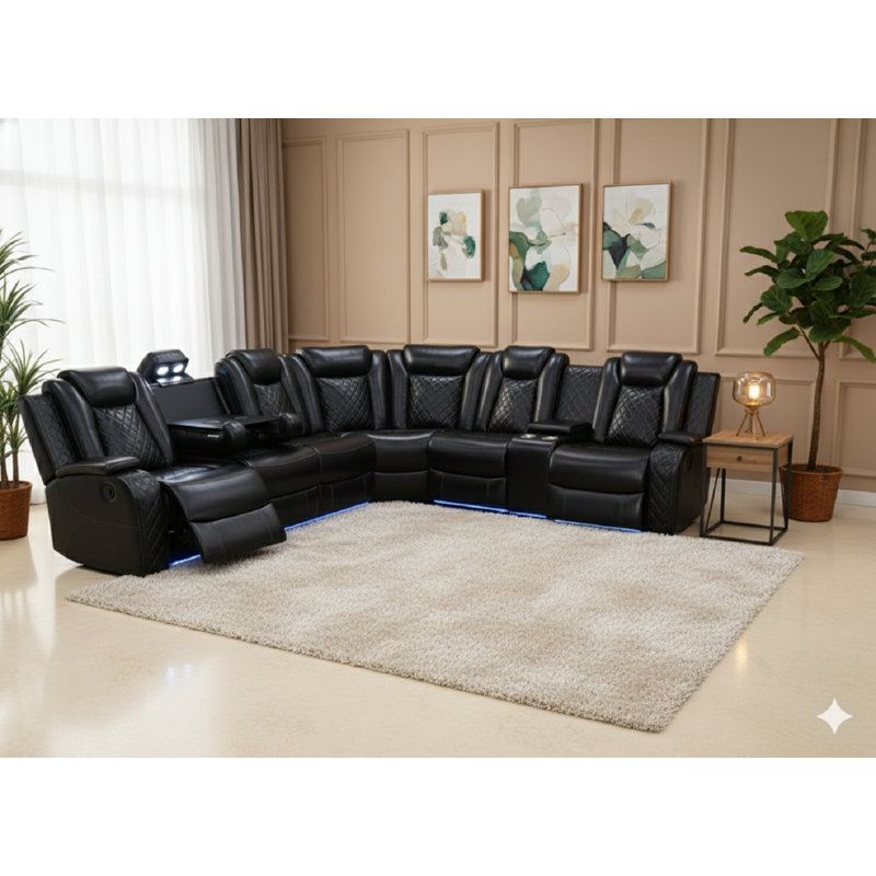 210" Breathing Leather Sectional — Dual Power Recline, Smart Features & Ultra-Comfort Design, Black Faux Leather
