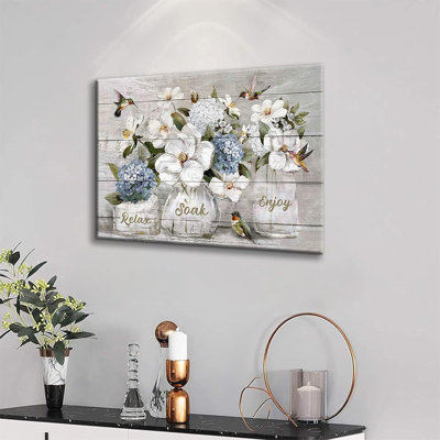 Rustic Hummingbird Flowers Canvas Picture Farmhouse Bathroom Wall Decor Relaxing Soaking Poster Print For Bathroom Living Room Bedroom (16X24in Canvas)