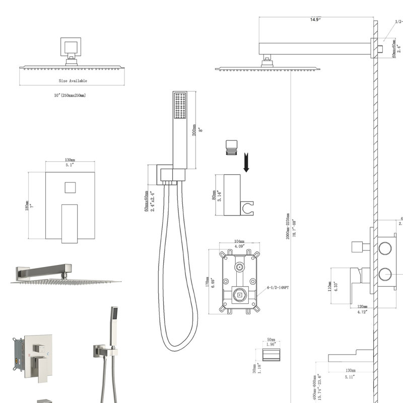 10 Inch Wall Mounted Square Shower In Brushed Nickel - Waterfall Tub Spout, 3 Function, Rainfall Shower, Handheld Implement System With Spout Nickel, Rain Handheld, Facility Kit