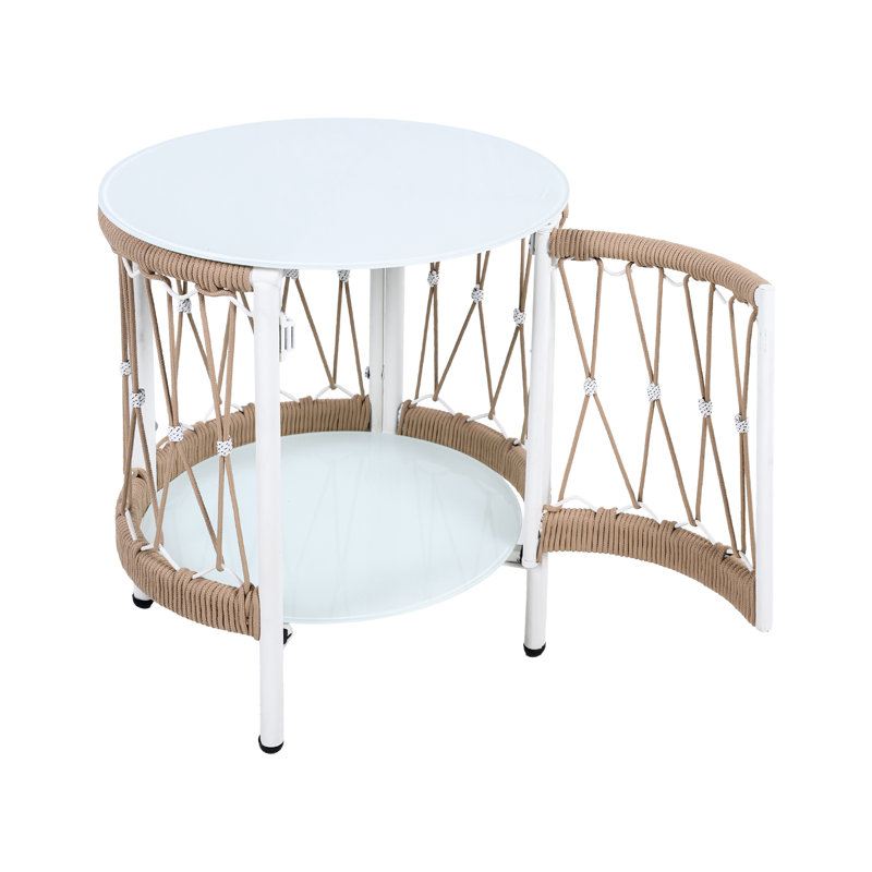 17.19" Outdoor Side Table With Bohemian Magnetism, Woven Rope Tabletop And Powder-Coated Frame For Poolside Delight In Aura Rust- Smooth Glass Easy Cleaning