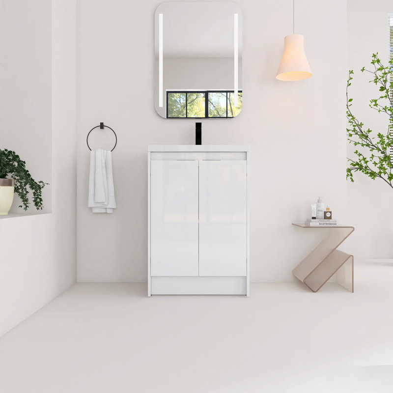 Meuble-lavabo autoportant de 24 po avec lavabo en résine, portes à fermeture en douceur, Glossy White