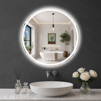 Miroir rond pour salle de bain à DEL, 30 po, verre trempé incassable HD