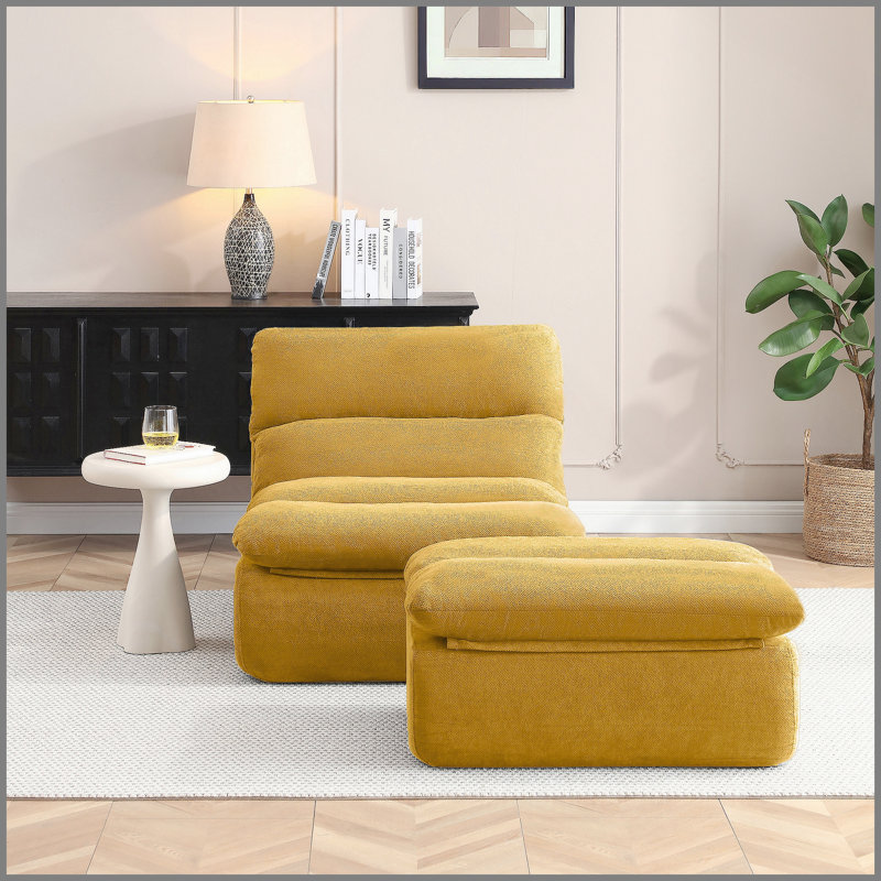 Fauteuil à billes 32 po avec repose-pieds, grande chaise longue pour adultes, canapé rembourré capitonné pour le salon, la chambre à coucher, jaune