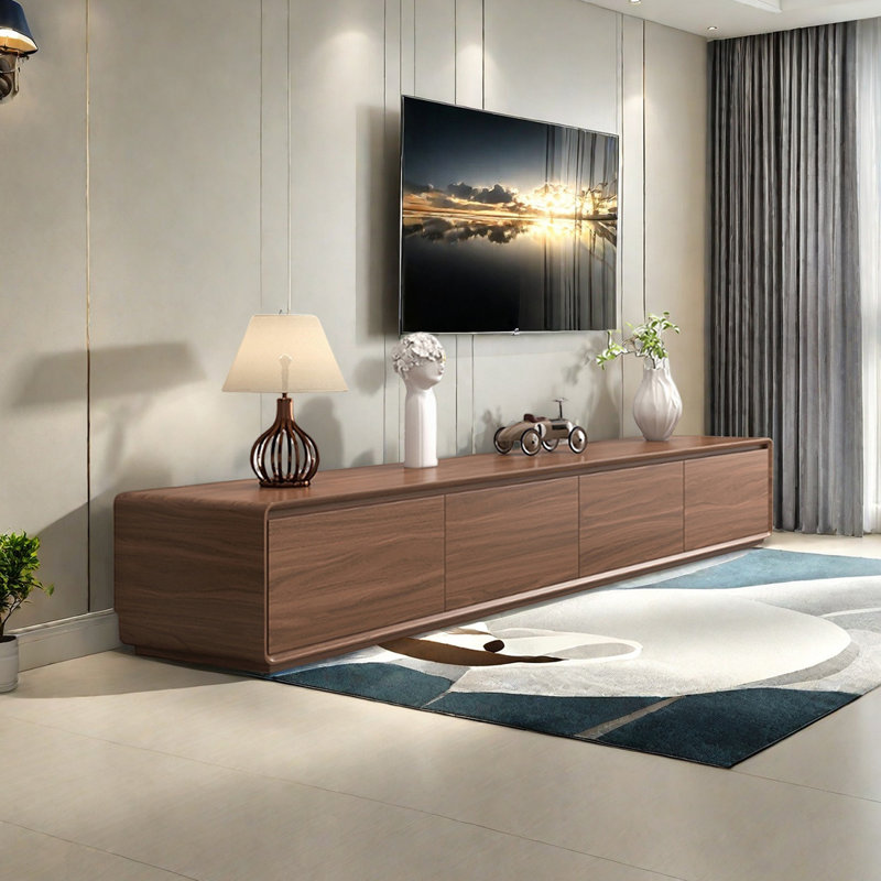 Meuble télé multi-tiroirs avec base pleine, H 13,77 po x L 86,61 po x l 15,74 po, Tanné