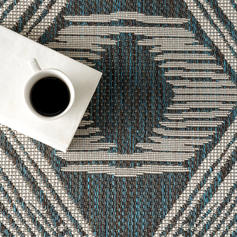 Tapis intérieur / extérieur Tribal, Bleu / Ivoire, Rectangle de 5 pi x 8 pi