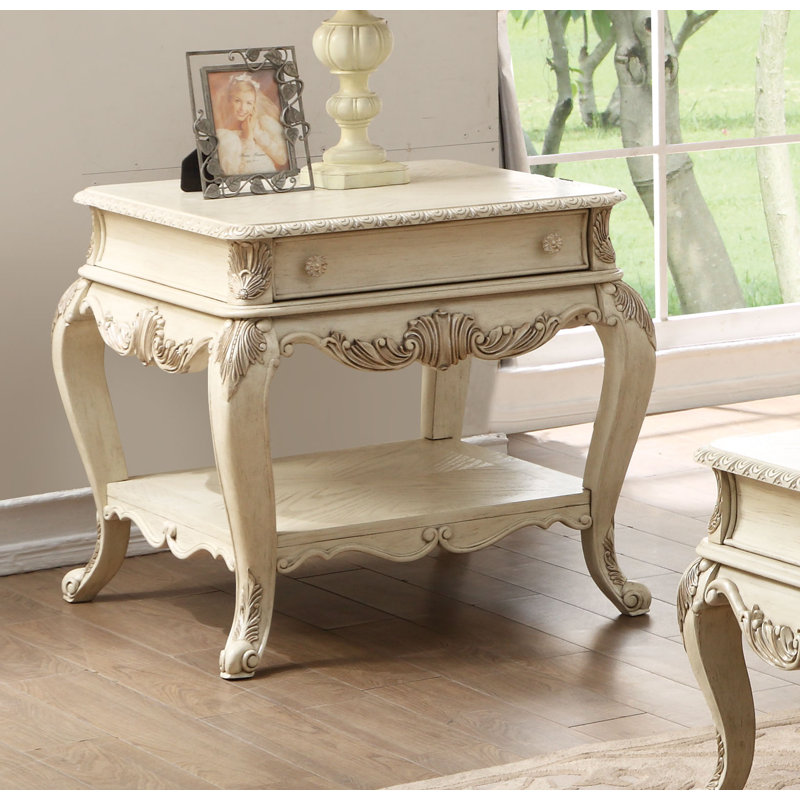 Cha Transitional Rectangular 1-Drawer End Table with Storage, 27" H x 30" W x 32" D, Antique White