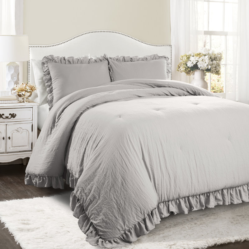 Reyna Microfiber 3 Piece Comforter Set, Full/Queen Comforter + 2 Standard Shams, Light Gray